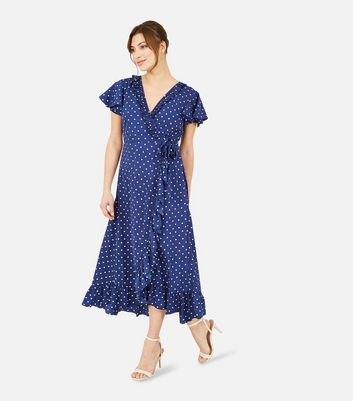 Yumi Navy Spot Frill Midi Wrap Dress | New Look